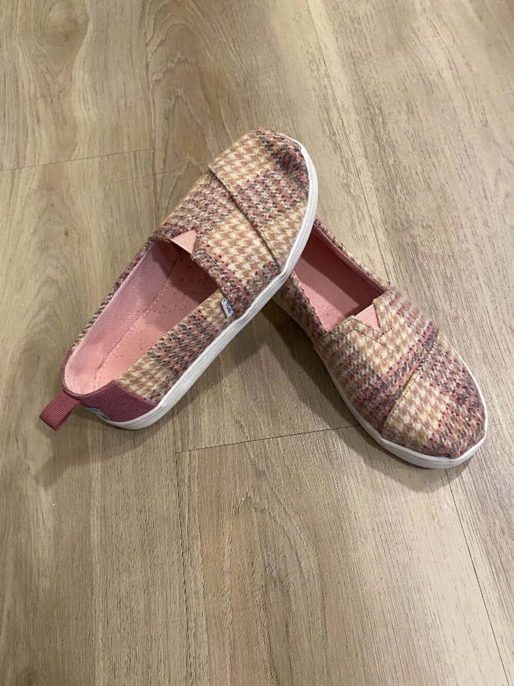 TOMS Kids Alpargata Slip On Shoes Pink Tweed Glitter Plaid Size 2.5